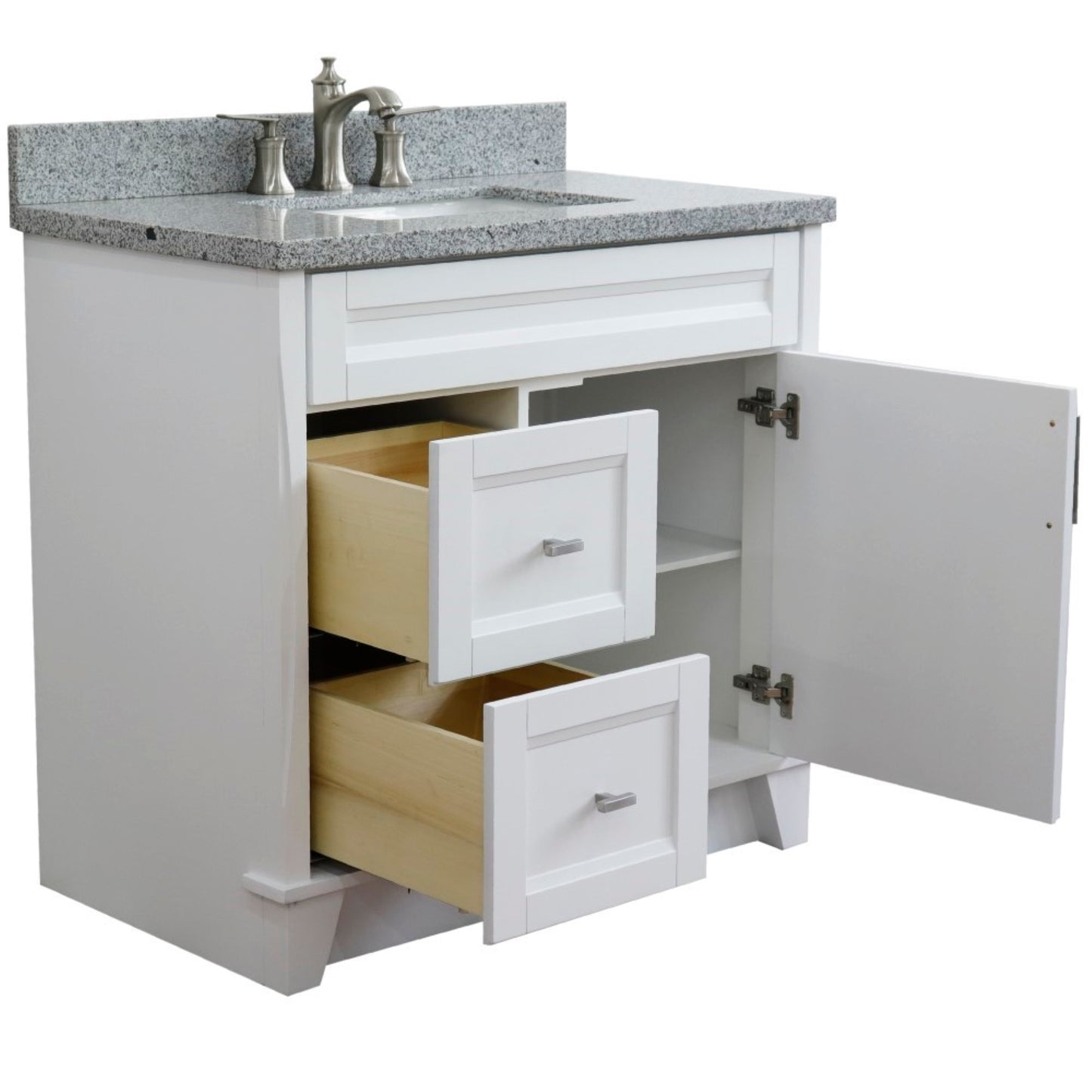 37" Single sink vanity in White finish with Gray granite and CENTER rectangle sink RIGHT drawers