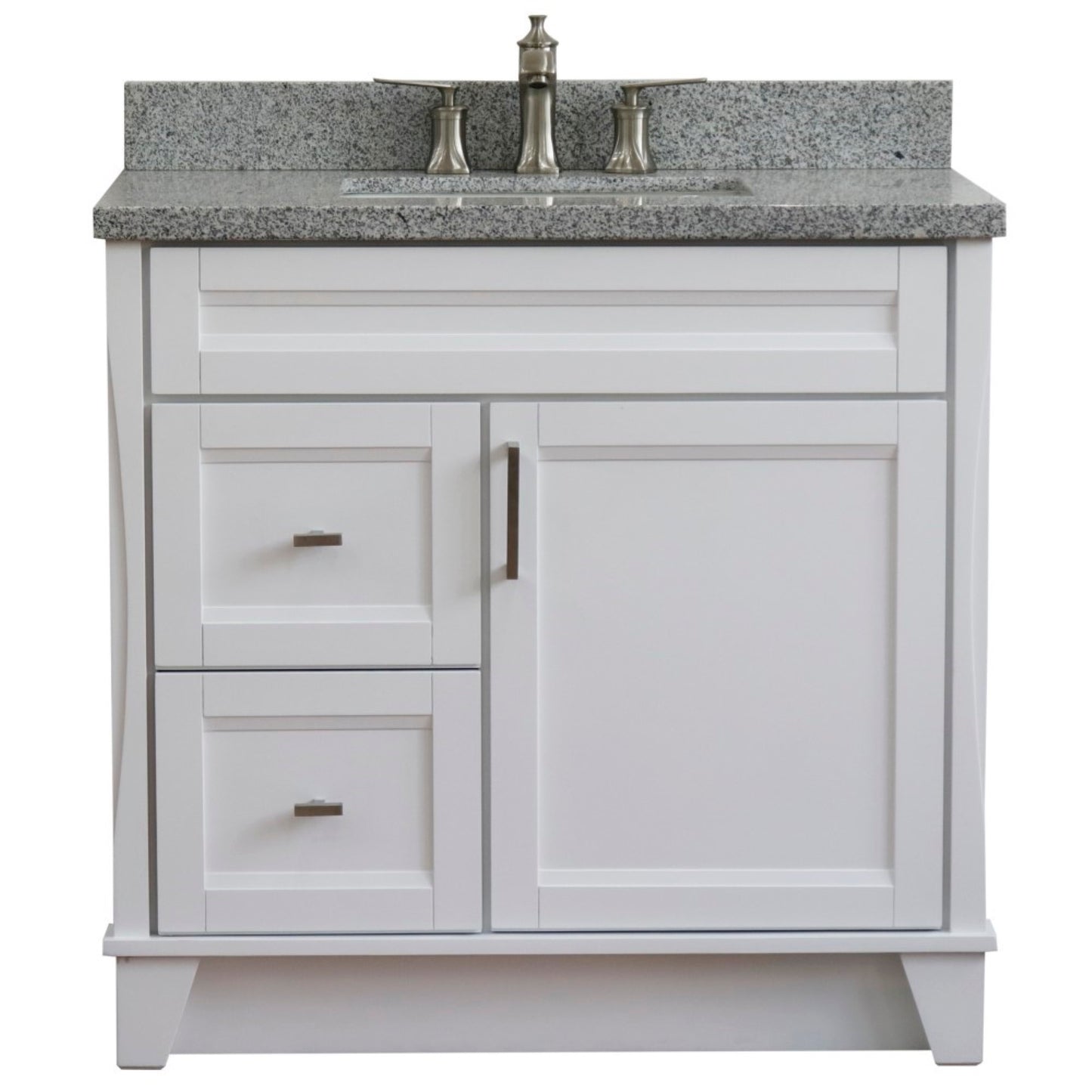 37" Single sink vanity in White finish with Gray granite and CENTER rectangle sink RIGHT drawers