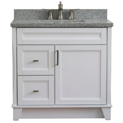 37" Single sink vanity in White finish with Gray granite and CENTER rectangle sink RIGHT drawers