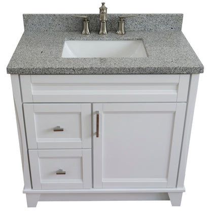 37" Single sink vanity in White finish with Gray granite and CENTER rectangle sink RIGHT drawers