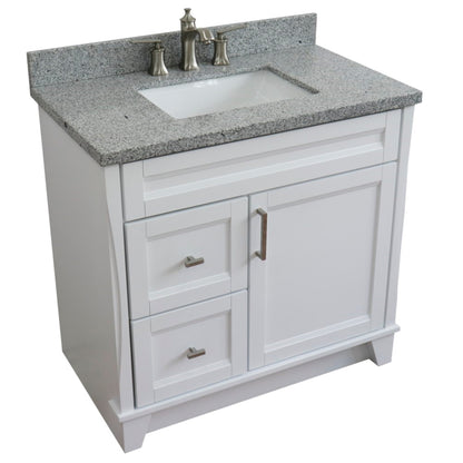 37" Single sink vanity in White finish with Gray granite and CENTER rectangle sink RIGHT drawers