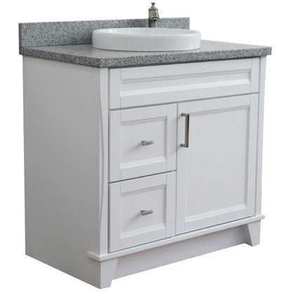 37" Single sink vanity in White finish with Gray granite and CENTER round sink RIGHT drawers