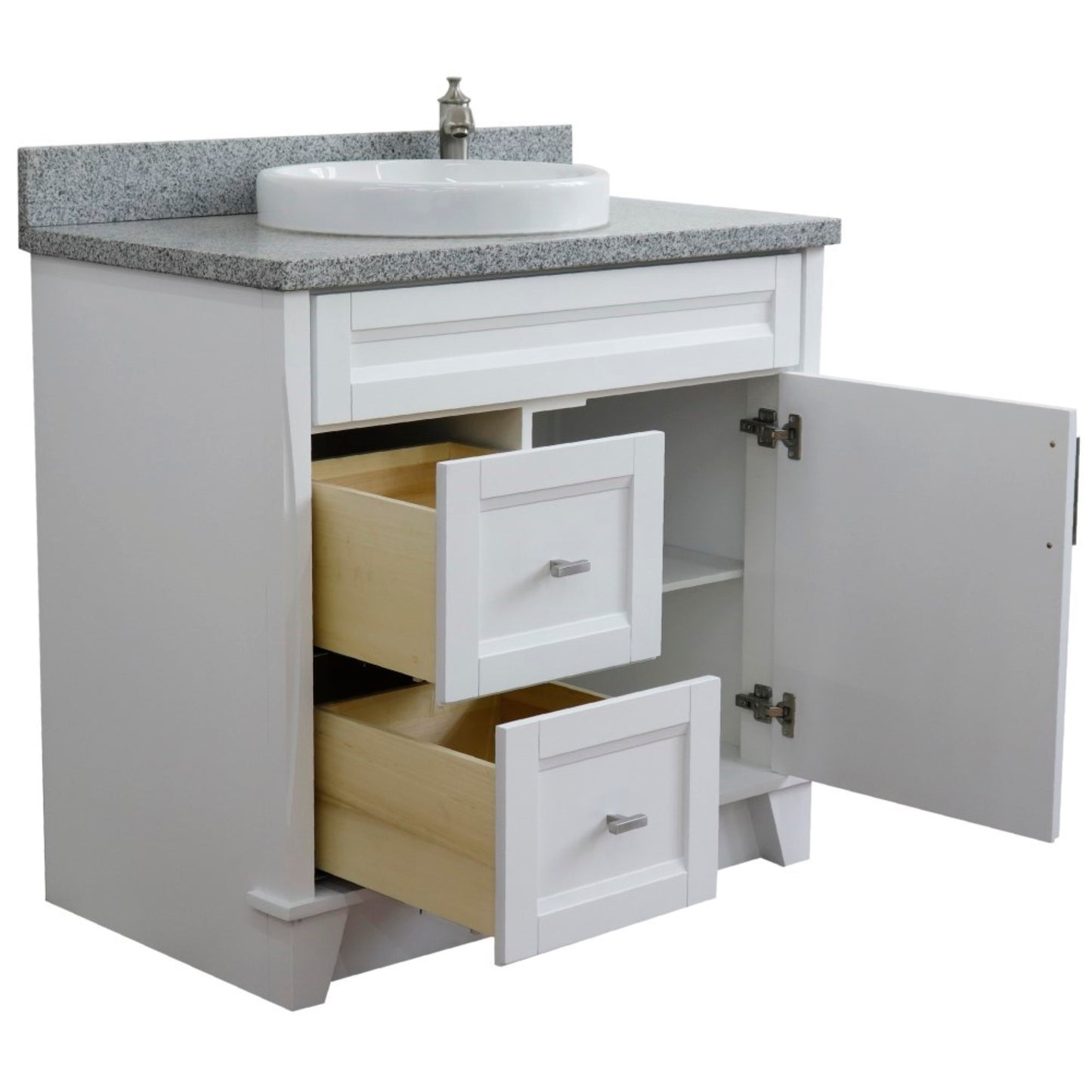 37" Single sink vanity in White finish with Gray granite and CENTER round sink RIGHT drawers