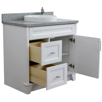 37" Single sink vanity in White finish with Gray granite and CENTER round sink RIGHT drawers
