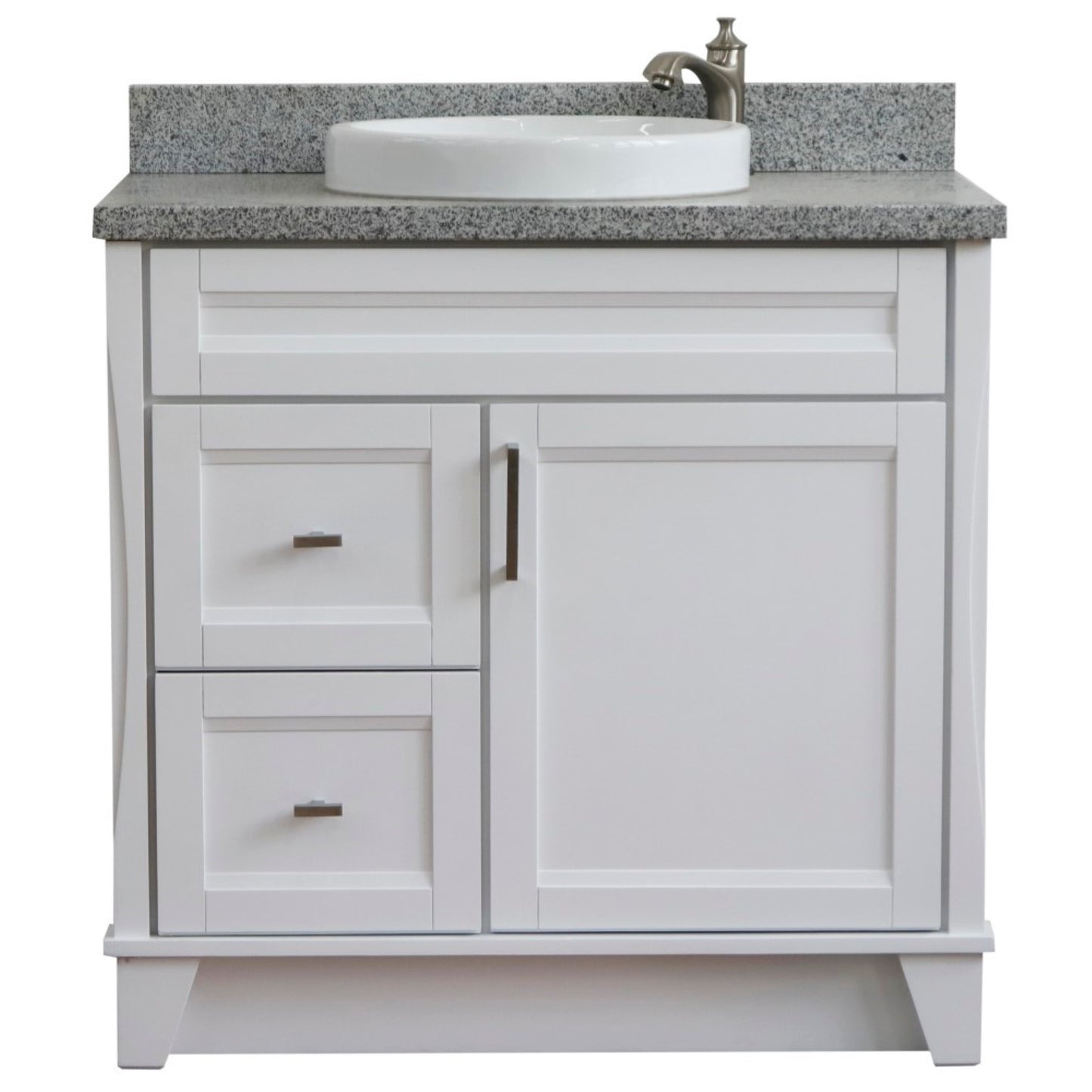 37" Single sink vanity in White finish with Gray granite and CENTER round sink RIGHT drawers