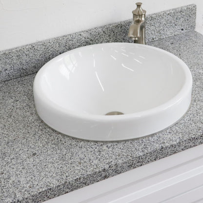 37" Single sink vanity in White finish with Gray granite and CENTER round sink RIGHT drawers
