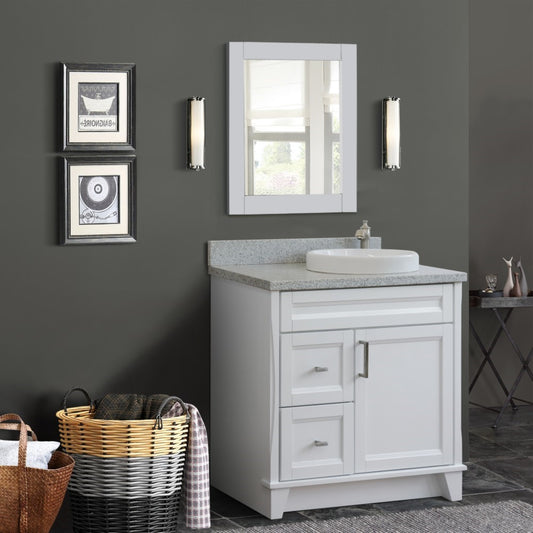 37" Single sink vanity in White finish with Gray granite and LEFT round sink RIGHT drawers