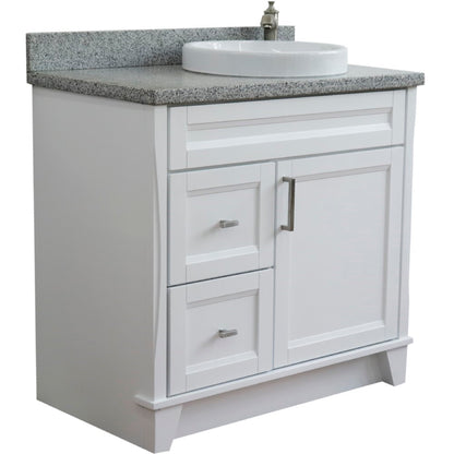 37" Single sink vanity in White finish with Gray granite and LEFT round sink RIGHT drawers