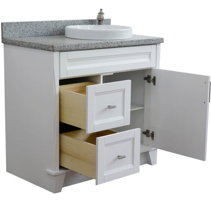 37" Single sink vanity in White finish with Gray granite and LEFT round sink RIGHT drawers