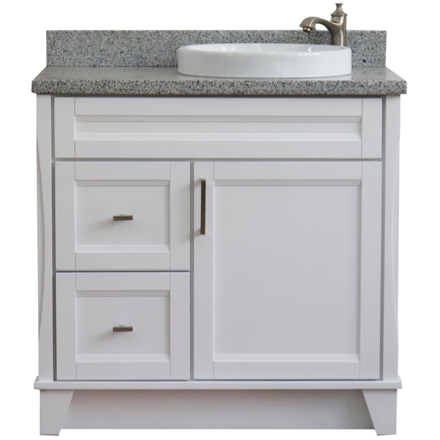 37" Single sink vanity in White finish with Gray granite and LEFT round sink RIGHT drawers