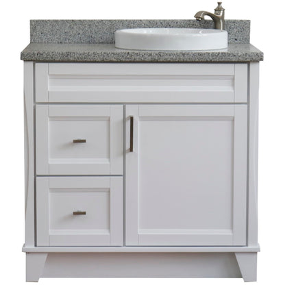 37" Single sink vanity in White finish with Gray granite and LEFT round sink RIGHT drawers