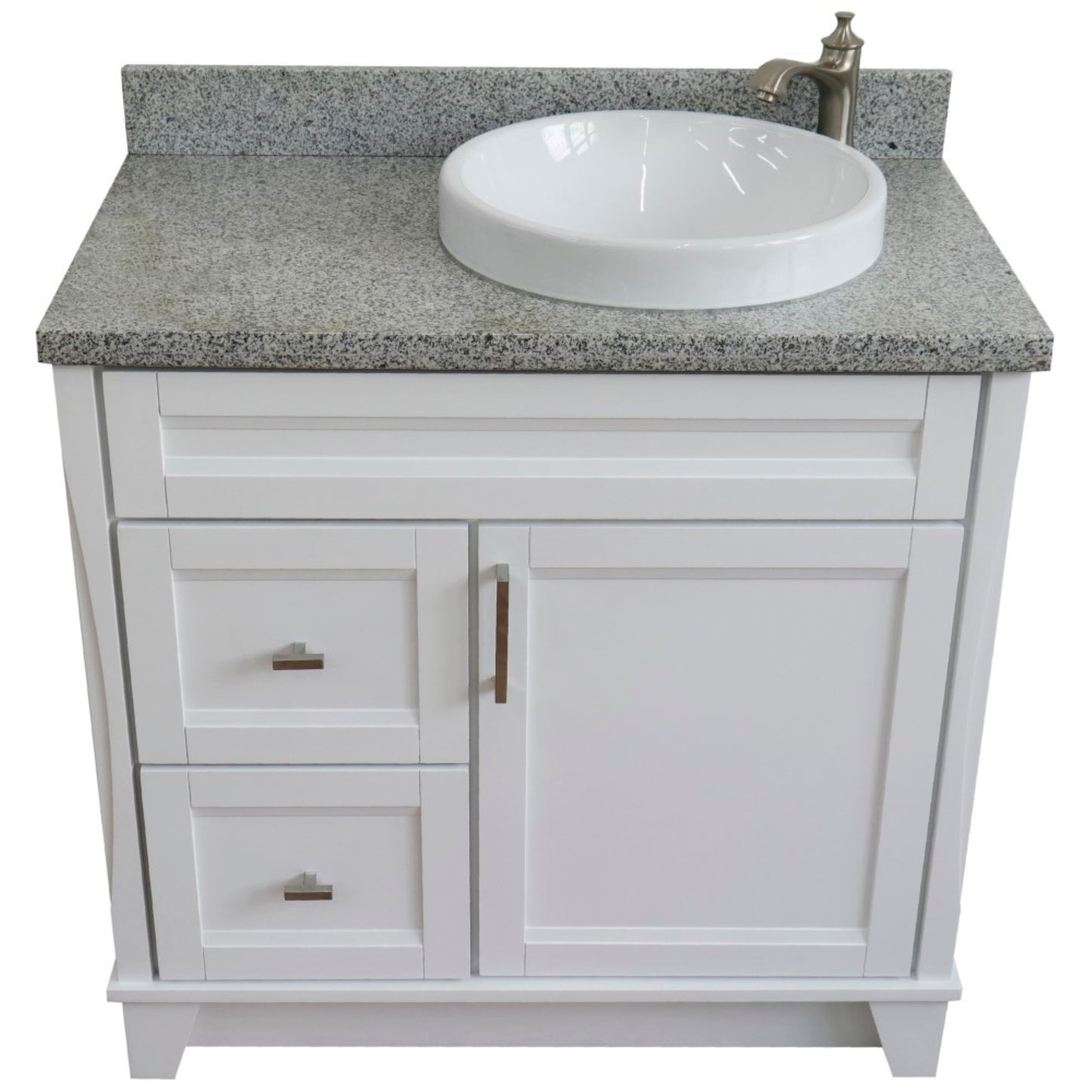37" Single sink vanity in White finish with Gray granite and LEFT round sink RIGHT drawers