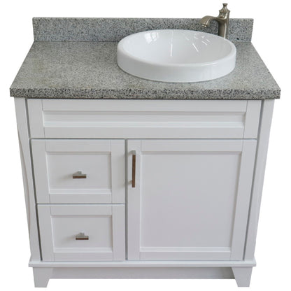 37" Single sink vanity in White finish with Gray granite and LEFT round sink RIGHT drawers