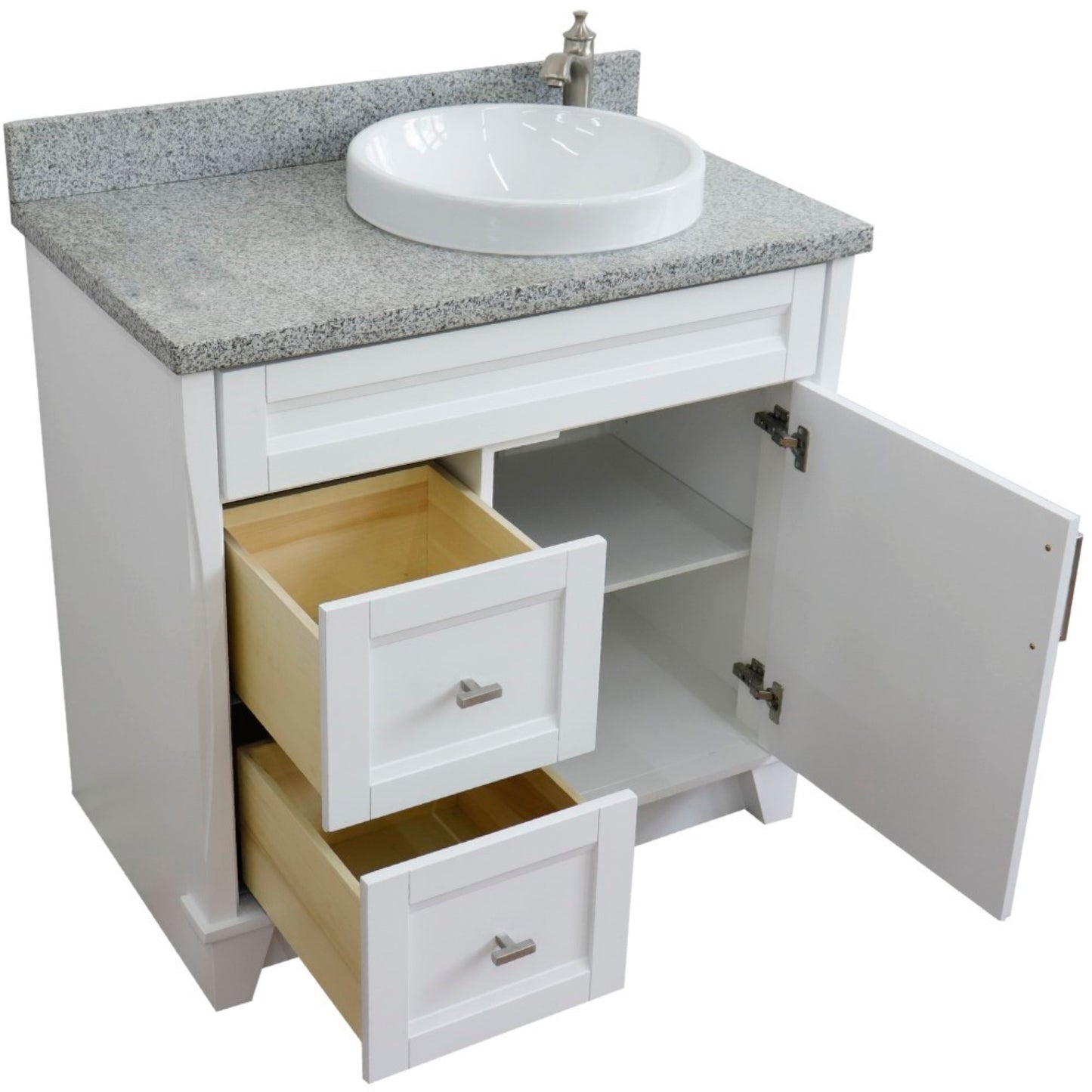 37" Single sink vanity in White finish with Gray granite and LEFT round sink RIGHT drawers