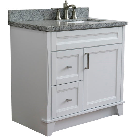 37" Single sink vanity in White finish with Gray granite and LEFT rectangle sink RIGHT drawers