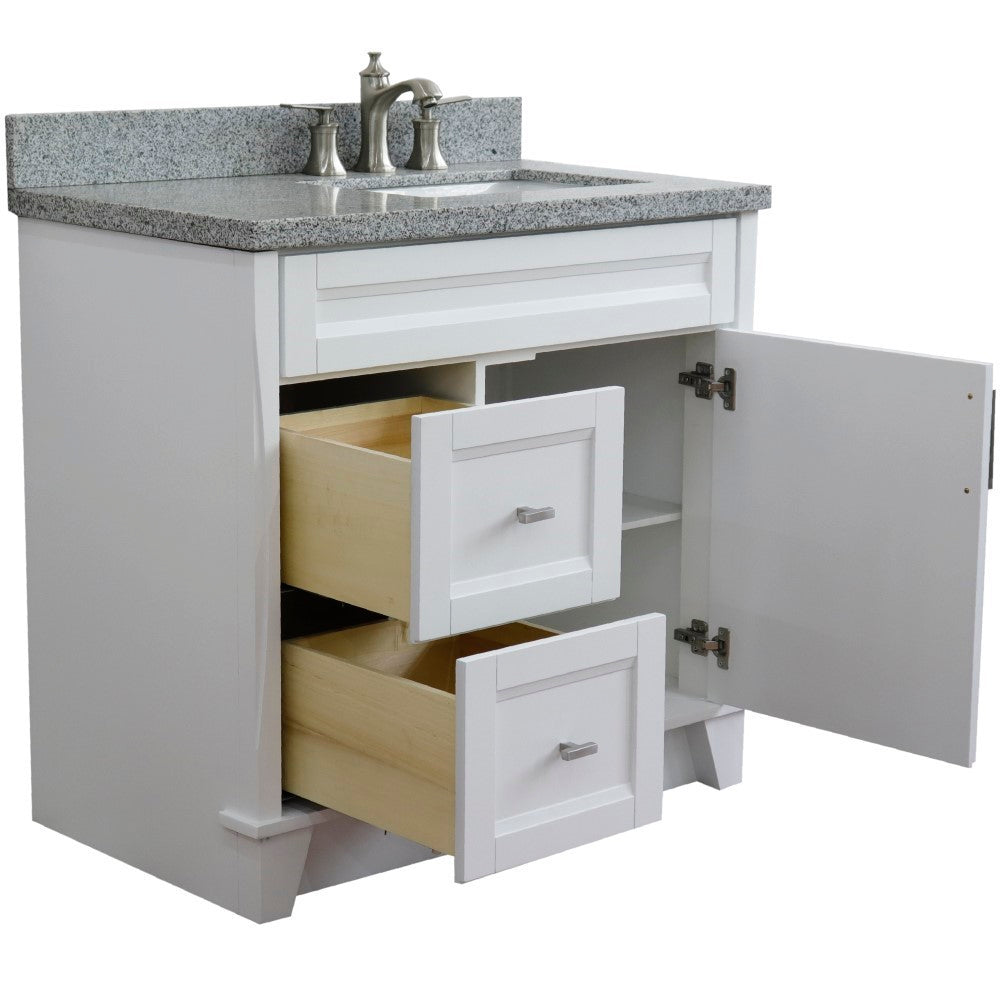 37" Single sink vanity in White finish with Gray granite and LEFT rectangle sink RIGHT drawers
