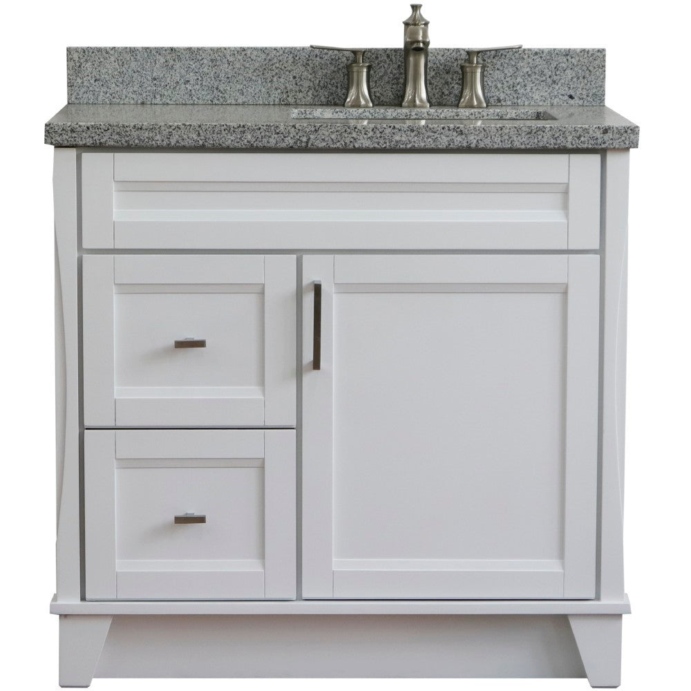 37" Single sink vanity in White finish with Gray granite and LEFT rectangle sink RIGHT drawers