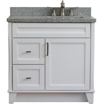 37" Single sink vanity in White finish with Gray granite and LEFT rectangle sink RIGHT drawers