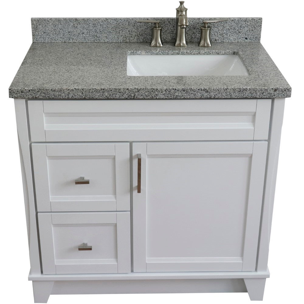 37" Single sink vanity in White finish with Gray granite and LEFT rectangle sink RIGHT drawers