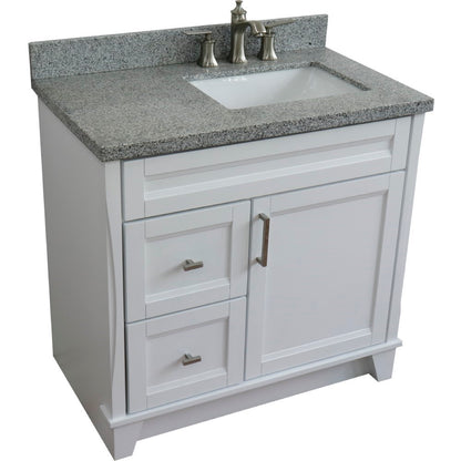 37" Single sink vanity in White finish with Gray granite and LEFT rectangle sink RIGHT drawers