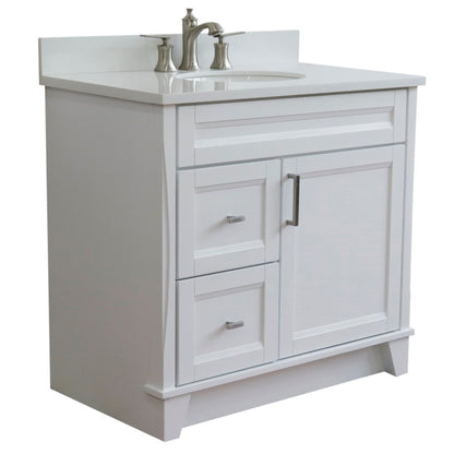 37" Single sink vanity in White finish with White engineered stone and CENTER oval sink RIGHT drawers