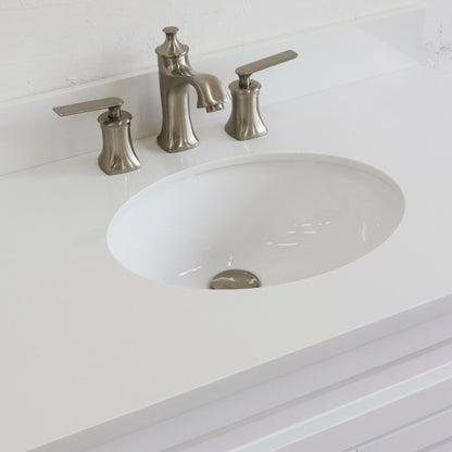 37" Single sink vanity in White finish with White engineered stone and CENTER oval sink RIGHT drawers