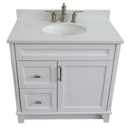 37" Single sink vanity in White finish with White engineered stone and CENTER oval sink RIGHT drawers