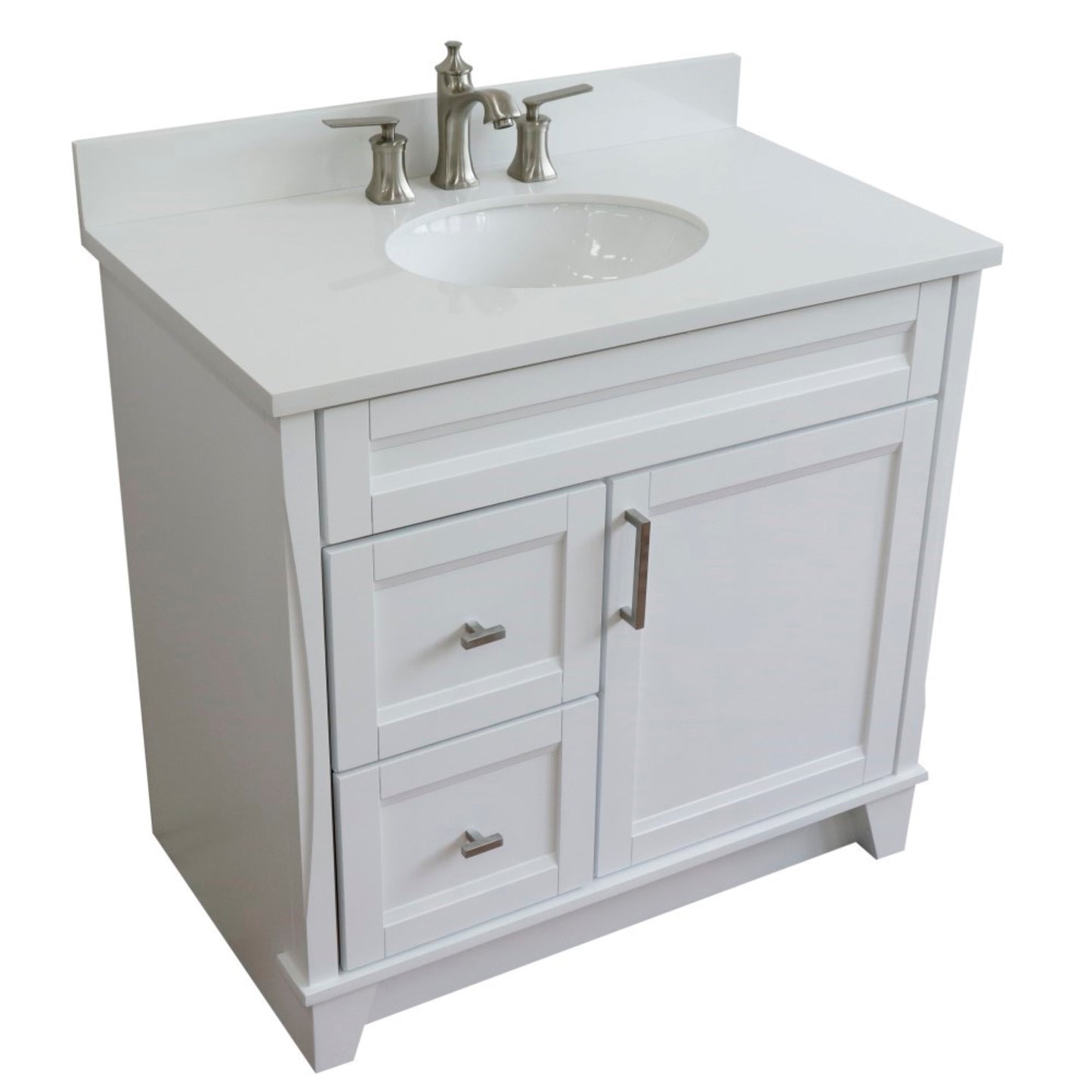 37" Single sink vanity in White finish with White engineered stone and CENTER oval sink RIGHT drawers