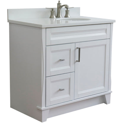 37" Single sink vanity in White finish with White engineered stone and LEFT oval sink RIGHT drawers