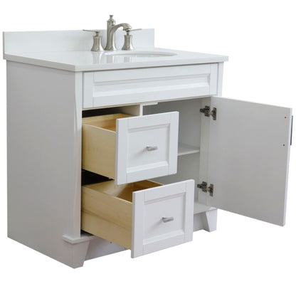 37" Single sink vanity in White finish with White engineered stone and LEFT oval sink RIGHT drawers