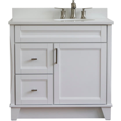 37" Single sink vanity in White finish with White engineered stone and LEFT oval sink RIGHT drawers