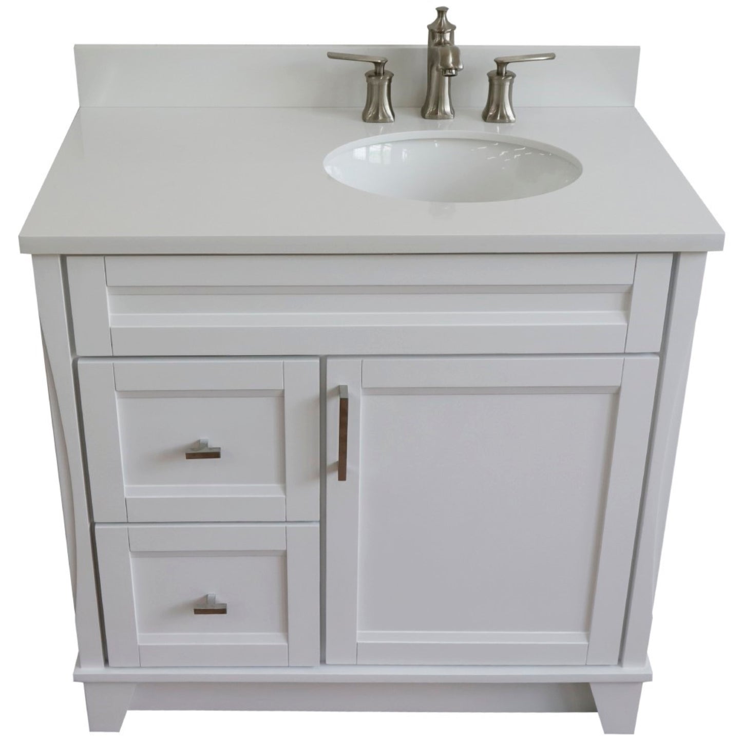 37" Single sink vanity in White finish with White engineered stone and LEFT oval sink RIGHT drawers