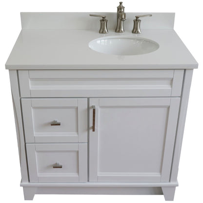 37" Single sink vanity in White finish with White engineered stone and LEFT oval sink RIGHT drawers