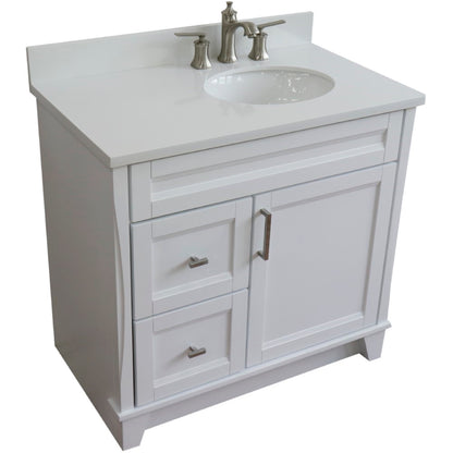37" Single sink vanity in White finish with White engineered stone and LEFT oval sink RIGHT drawers