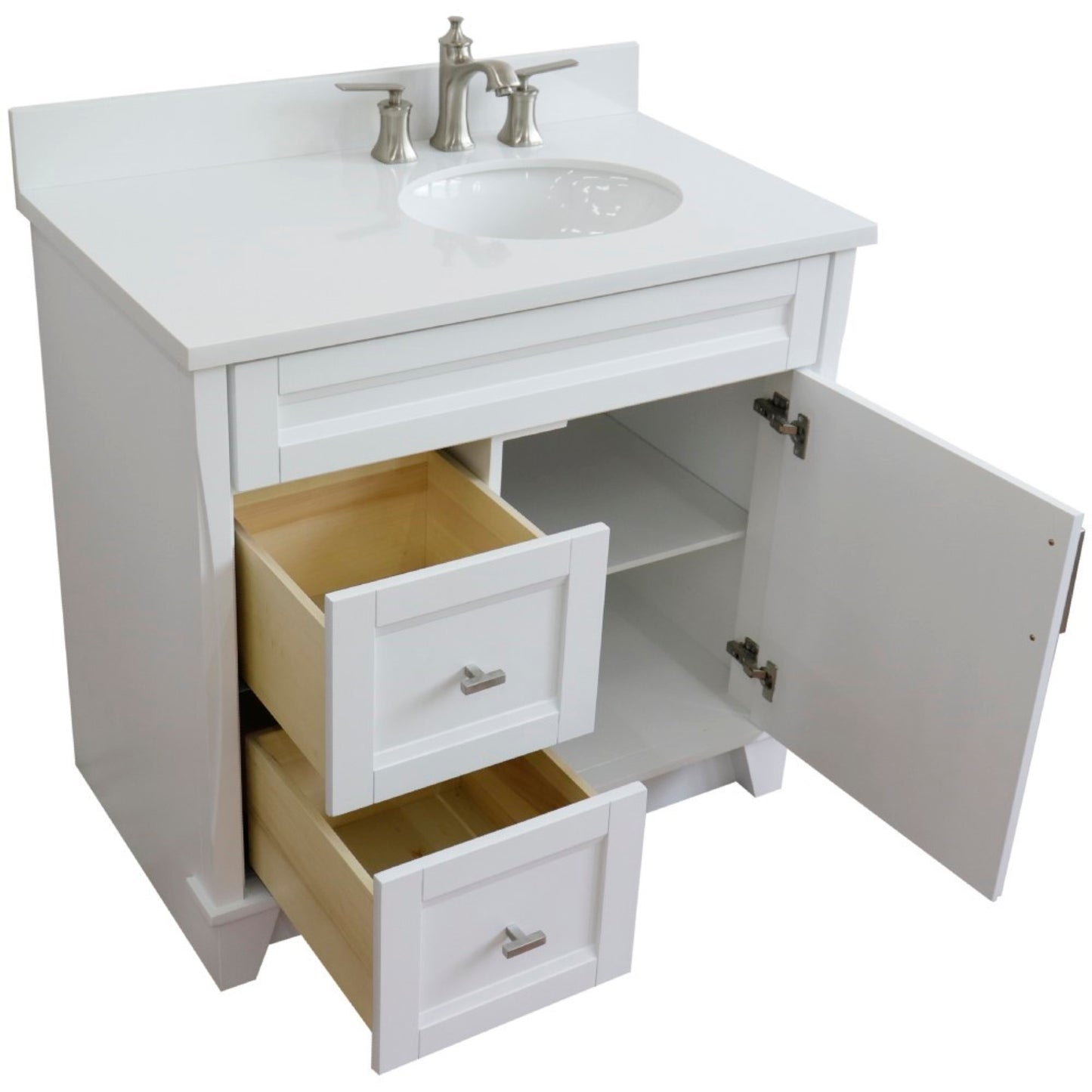 37" Single sink vanity in White finish with White engineered stone and LEFT oval sink RIGHT drawers