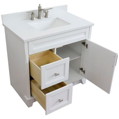 37" Single sink vanity in White finish with White engineered stone and CENTER rectangle sink RIGHT drawers