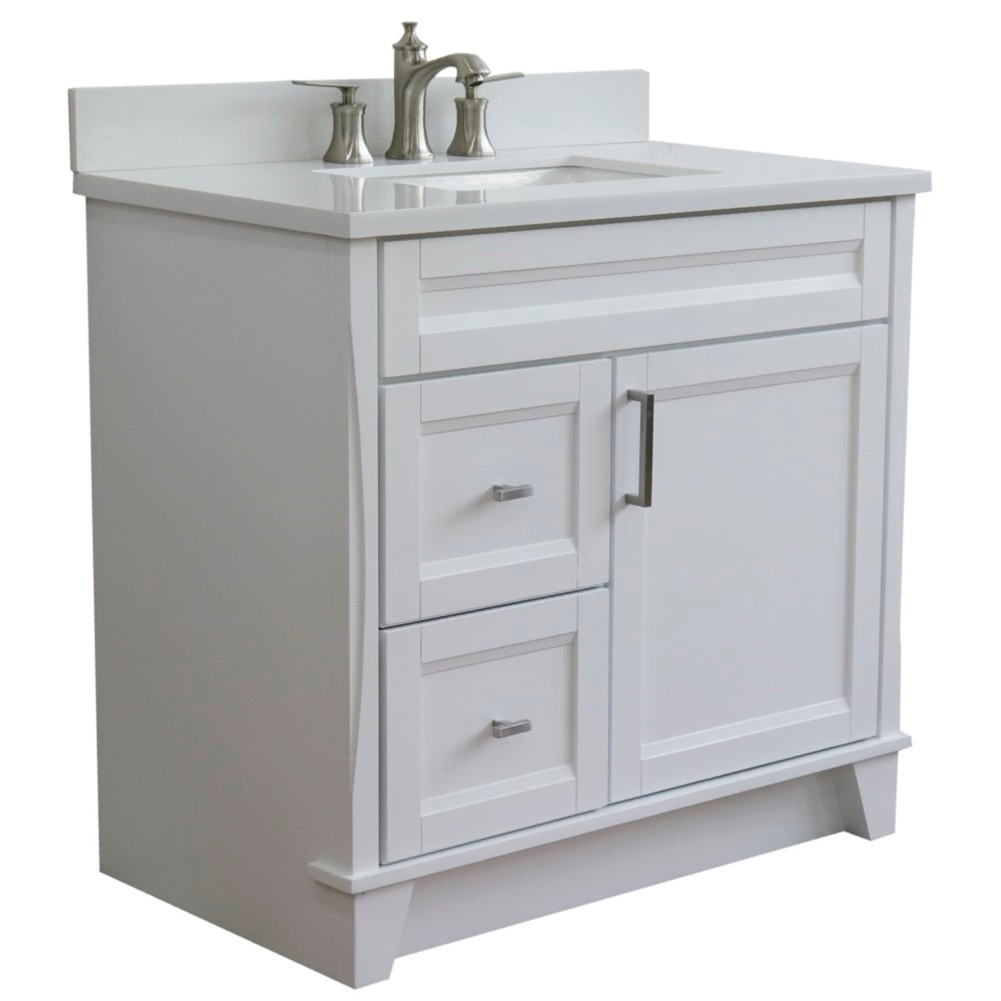 37" Single sink vanity in White finish with White engineered stone and CENTER rectangle sink RIGHT drawers