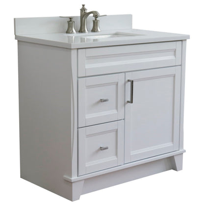 37" Single sink vanity in White finish with White engineered stone and CENTER rectangle sink RIGHT drawers