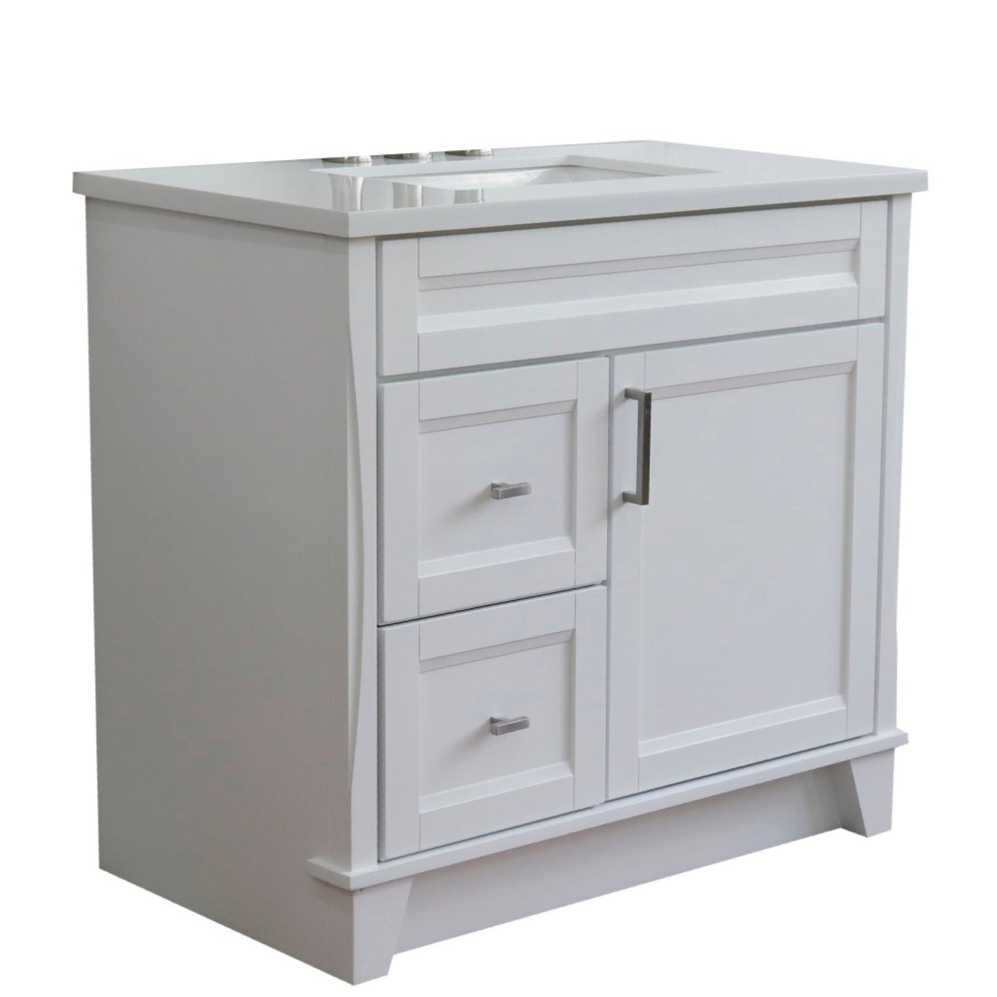 37" Single sink vanity in White finish with White engineered stone and CENTER rectangle sink RIGHT drawers