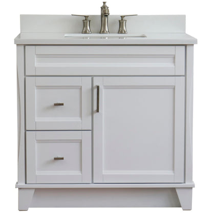 37" Single sink vanity in White finish with White engineered stone and CENTER rectangle sink RIGHT drawers