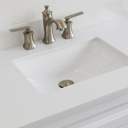 37" Single sink vanity in White finish with White engineered stone and CENTER rectangle sink RIGHT drawers