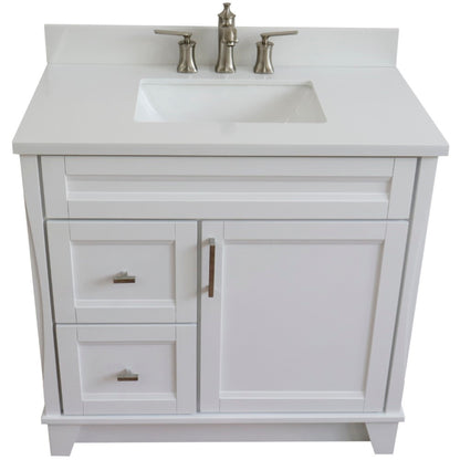 37" Single sink vanity in White finish with White engineered stone and CENTER rectangle sink RIGHT drawers