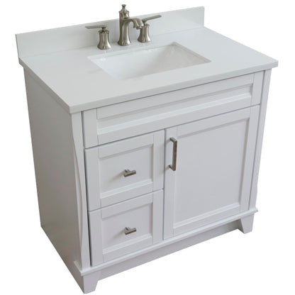 37" Single sink vanity in White finish with White engineered stone and CENTER rectangle sink RIGHT drawers