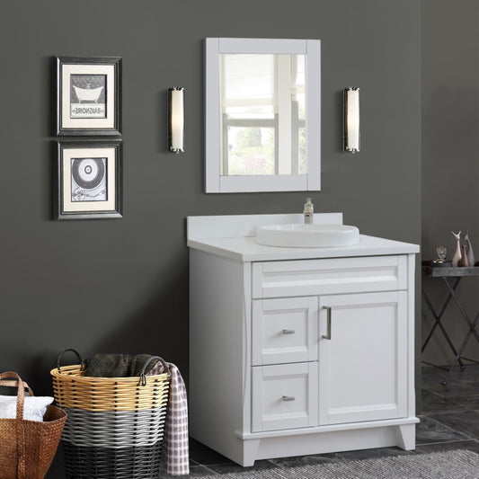 37" Single sink vanity in White finish with White engineered stone and CENTER round sink RIGHT drawers
