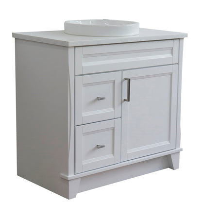 37" Single sink vanity in White finish with White engineered stone and CENTER round sink RIGHT drawers