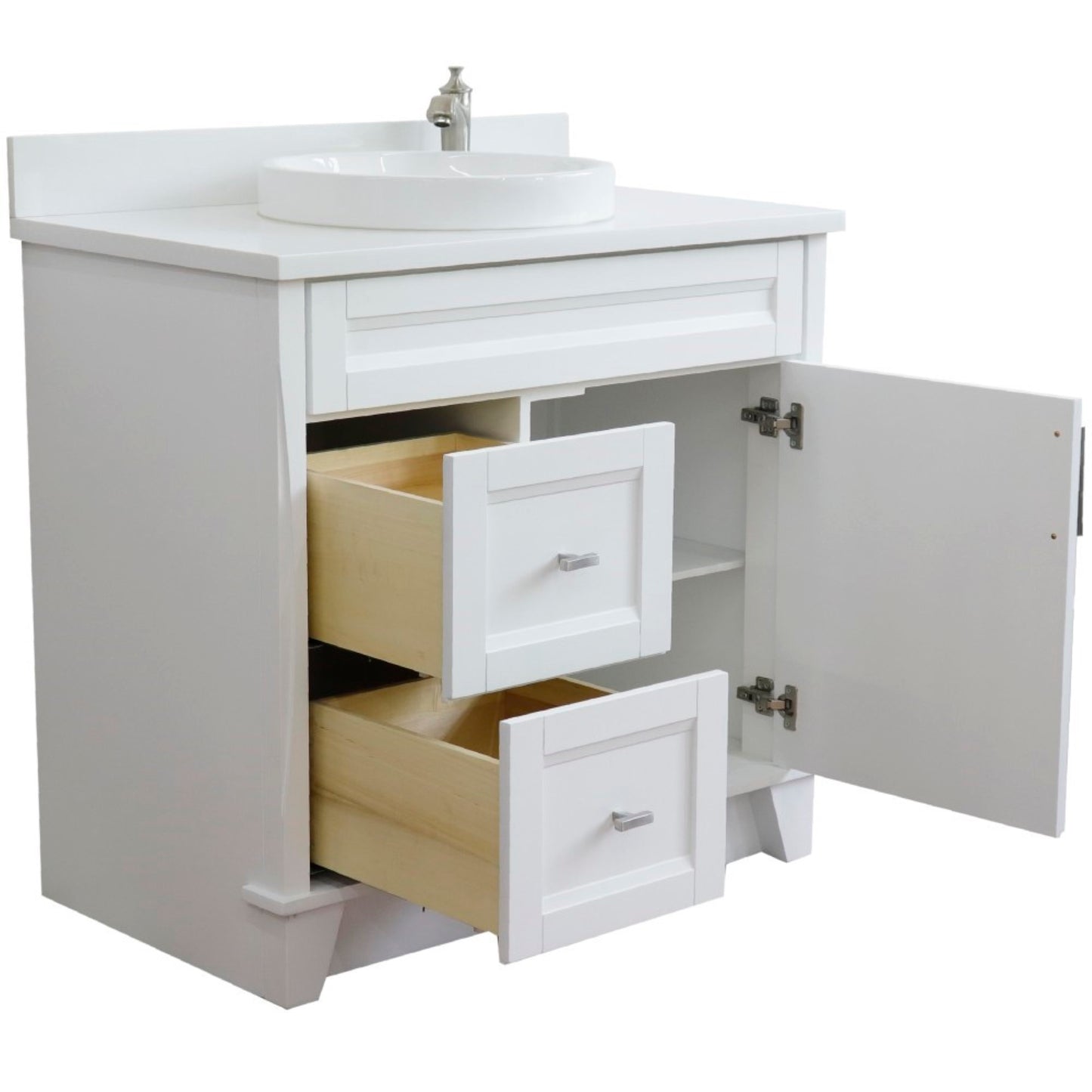 37" Single sink vanity in White finish with White engineered stone and CENTER round sink RIGHT drawers