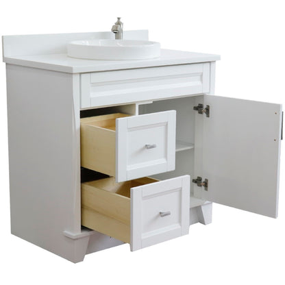 37" Single sink vanity in White finish with White engineered stone and CENTER round sink RIGHT drawers