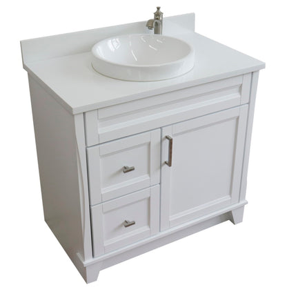 37" Single sink vanity in White finish with White engineered stone and CENTER round sink RIGHT drawers
