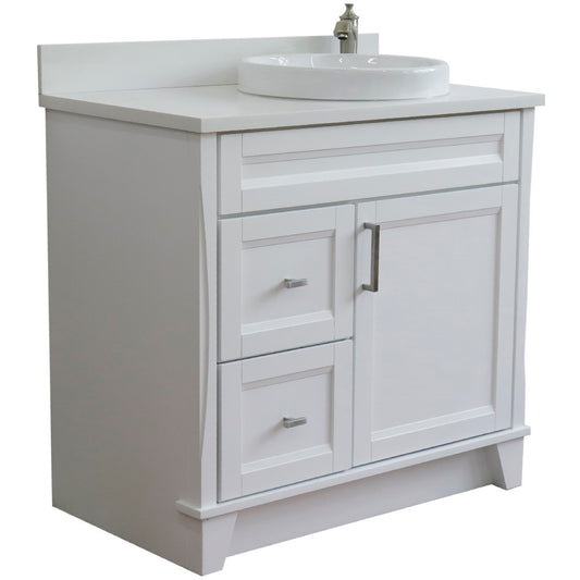 37" Single sink vanity in White finish with White engineered stone and LEFT round sink RIGHT drawers
