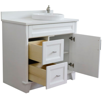 37" Single sink vanity in White finish with White engineered stone and LEFT round sink RIGHT drawers